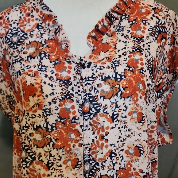 Orange and Blue Tie Front Blouse with Mandarin Collar - Picture 3 of 6